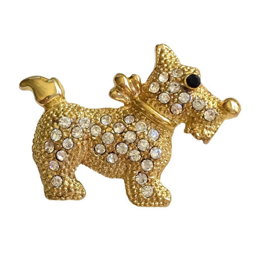 Gold Crystal Scottish Terrier Dog Pin Brooch Scottie Puppy Plated Scotty
